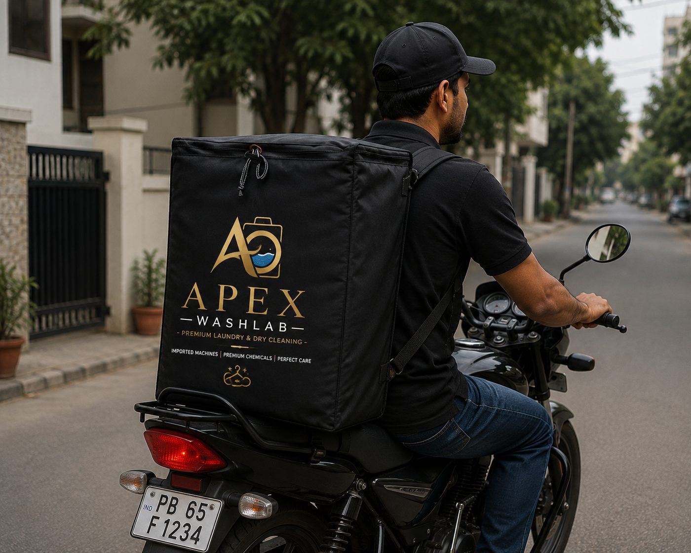 Apex WashLab delivery rider carrying a branded pickup bag