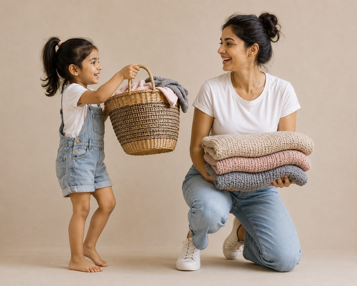 Mother and daughter with a fresh laundry basket