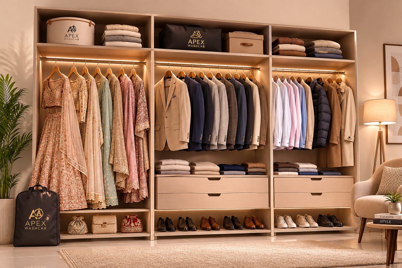 Wardrobe of clothes organised with Apex WashLab garment bags